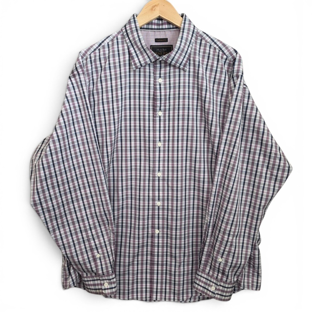 Jos A Bank Dress Shirt Mens XL Purple Button Up Plaid Reserve Traditional Fit